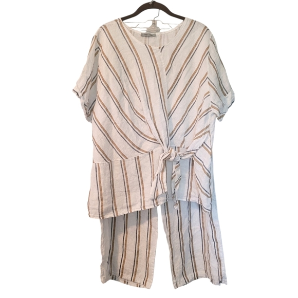 Angela Mara Linen White Tan Blue Striped Pull-on Wide Pants Popover Top Tie Sz L - Picture 1 of 16